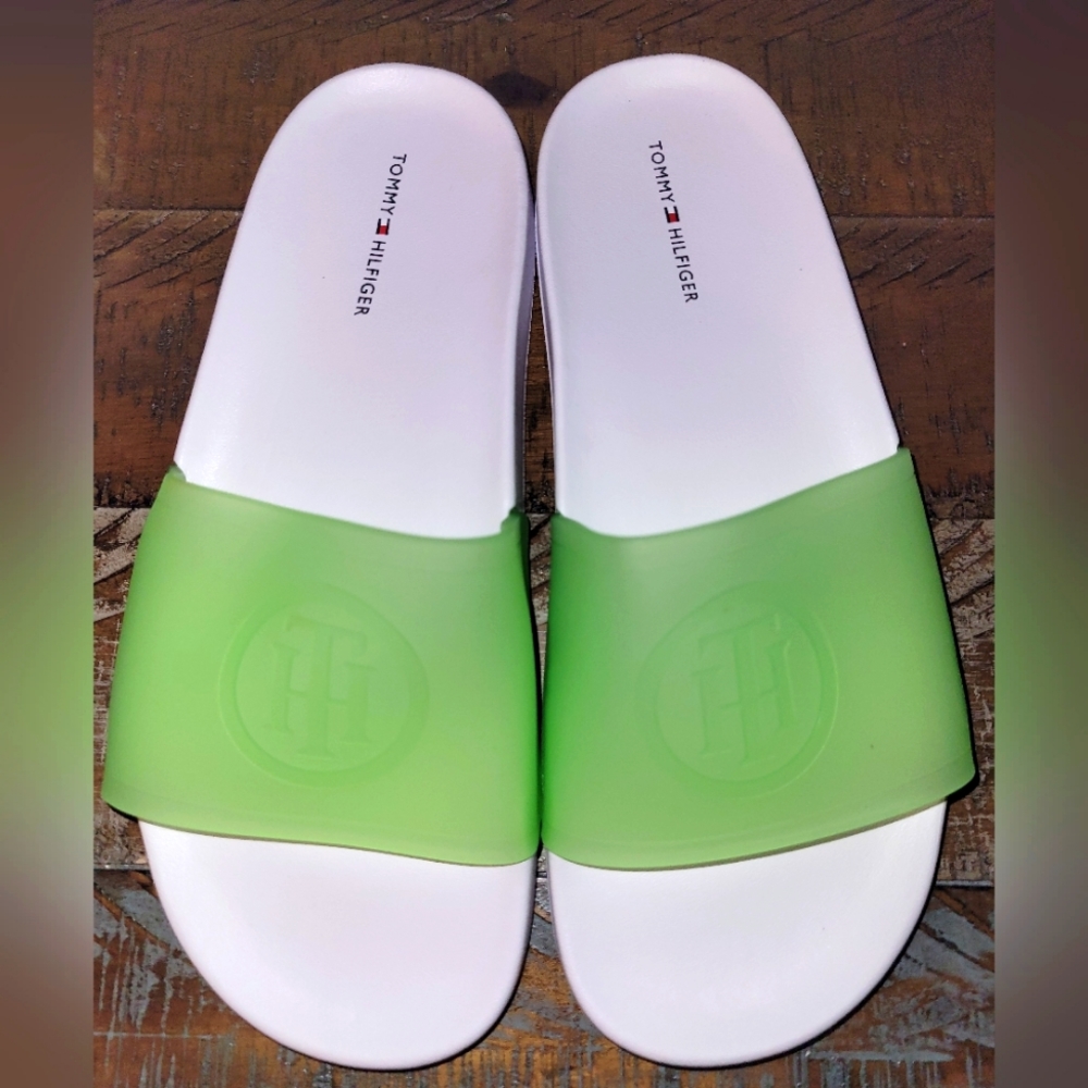 Brand New Men's Size 8/ 9.5 W, White and Lime Grean Tommy Hilfiger Slides